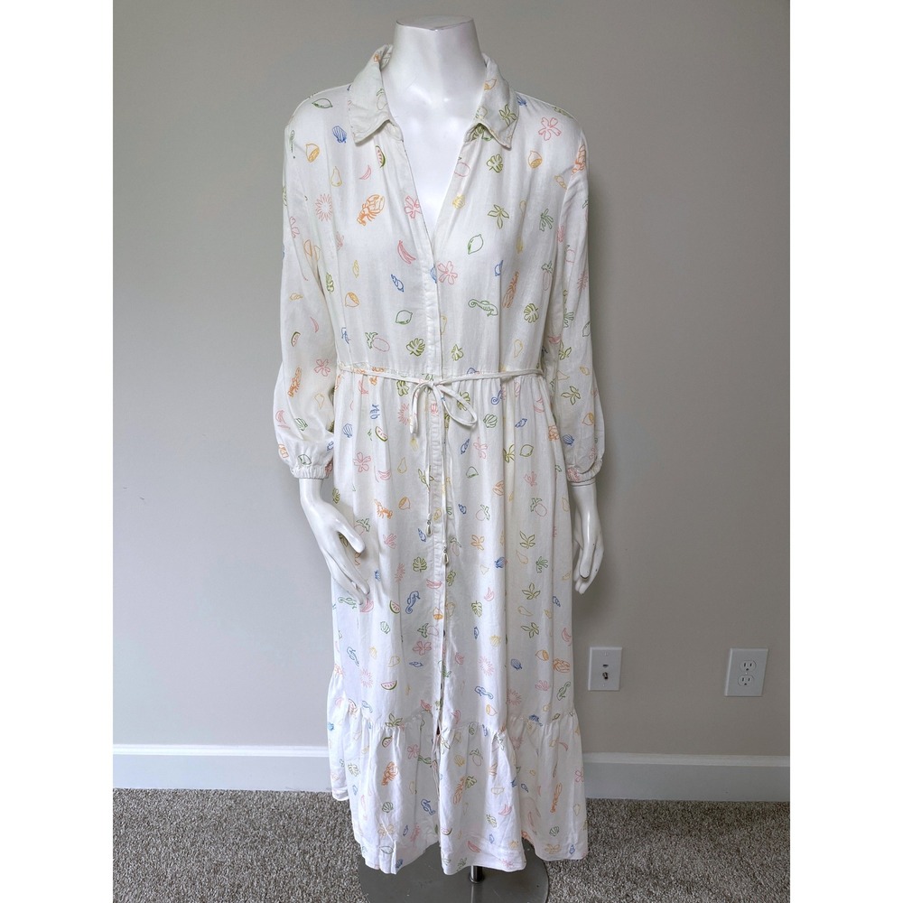 C&C California White Linen Blend Lobster Tropical Print Midi Shirt Dress Size M